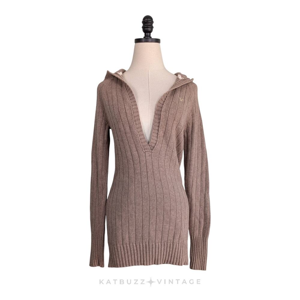 Vintage Y2K Sweater M Tan Brown Hood Vneck Bella Ribbed Long Sleeve Layer